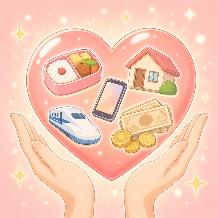 ハートに弁当・家・スマホ・新幹線・お札が詰まった、生活サポートのイラスト