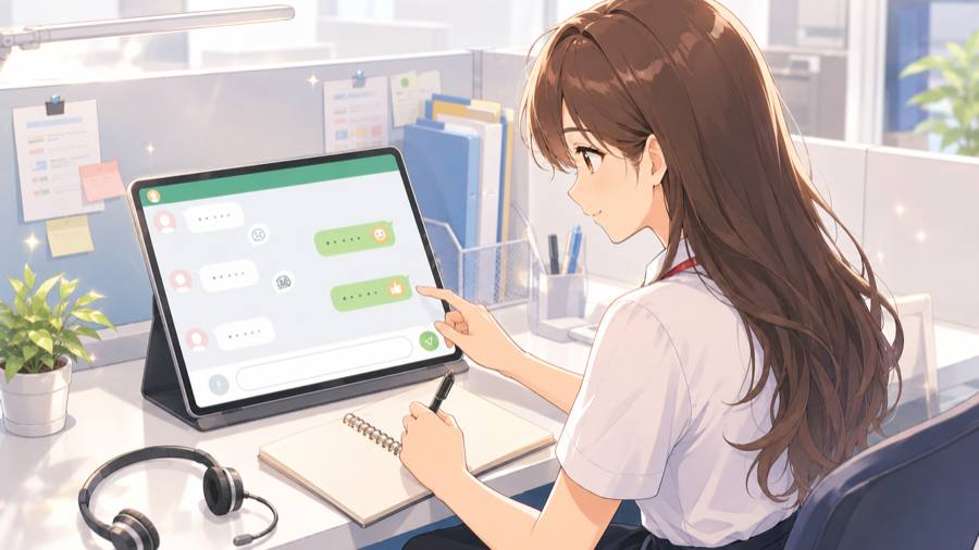 オフィスの相談ブースで、タブレットのチャット画面とメモ帳を前に相談内容を読み込むミサキ（斜め後ろ視点）