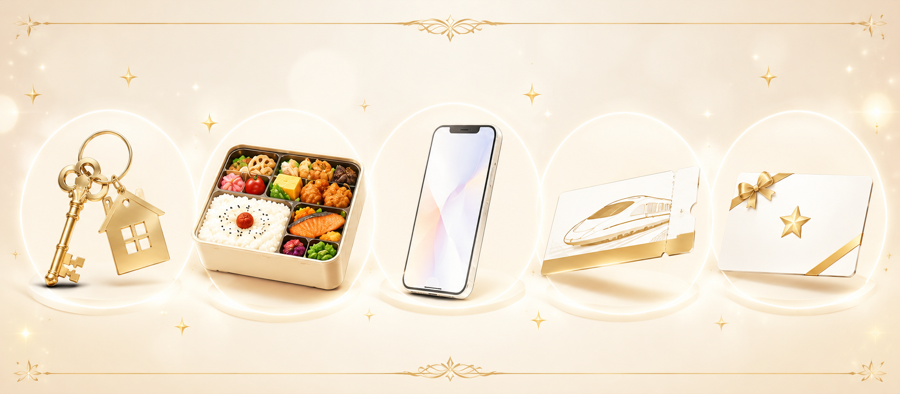 アイボリー背景に金の鍵×家・弁当・スマホ・新幹線切符・ギフトカードが並ぶ豪華な応募特典ビジュアル