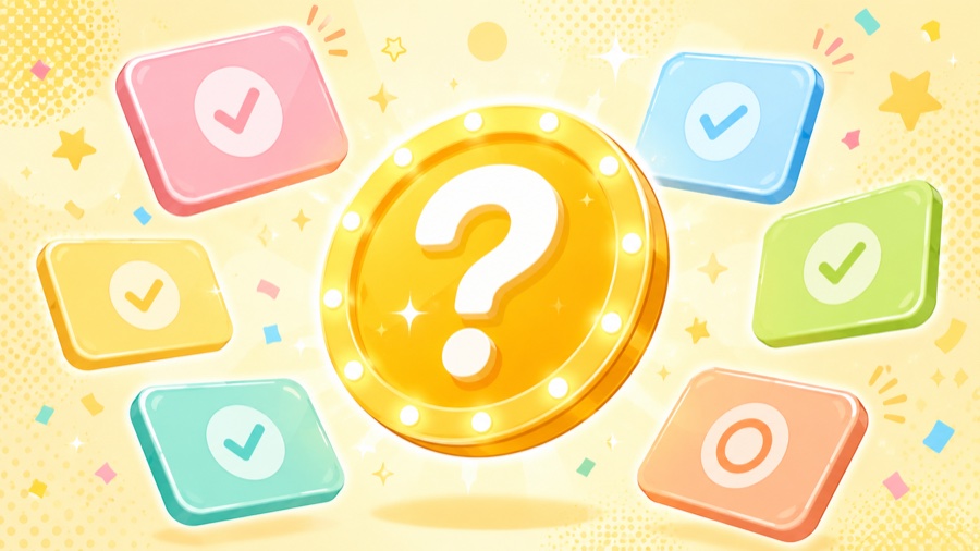 ？マークとチェック付きの選択肢カードが浮かぶ、5問だけ診断のビジュアル