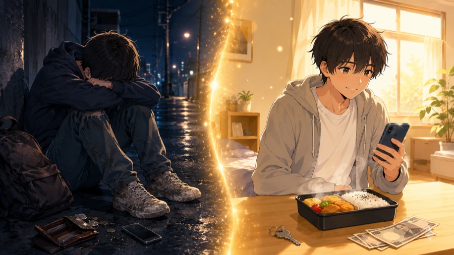 Before/After ── 悩みを抱えていた男性が寮の一室で朝日を浴びて安心する変化