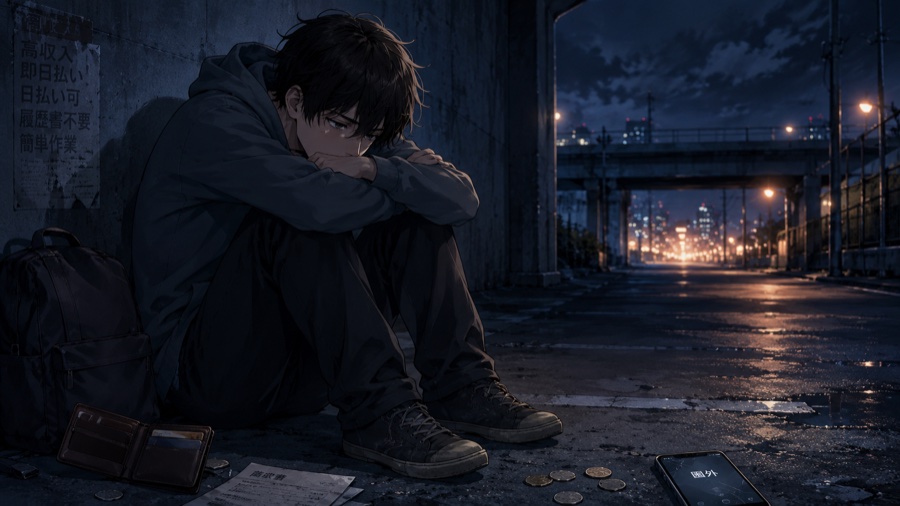 夜、悩みを抱えて座り込む若者