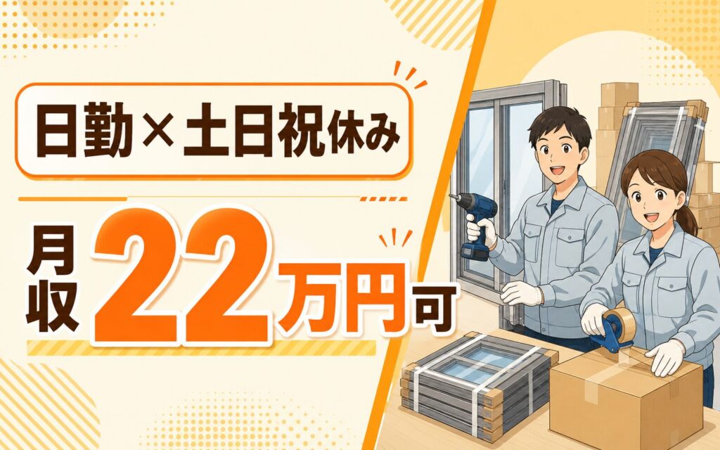 カンタン組立×個室寮あり×日勤土日祝休み！住宅サッシの組立・梱包／時給1200円・月収22万円可