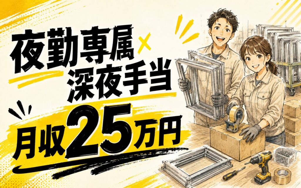 夜勤専属×深夜手当でガッツリ稼ぐ！住宅サッシの組立・梱包／時給1200円・月収25.8万円可