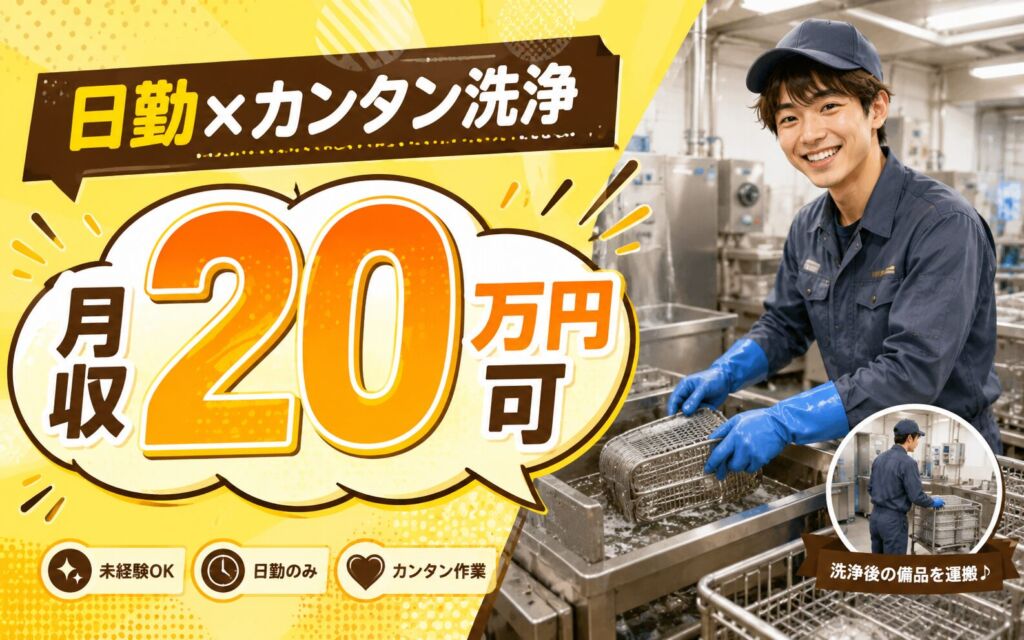 日勤×カンタン洗浄作業！備品の機械洗浄・運搬／時給1141円・月収20万円可・旭川・男女活躍