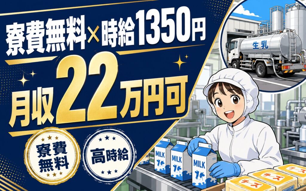 寮費無料×個室寮×時給1350円！牛乳・チーズの製造（タンクローリー受入・パッキング）／月収22万円可
