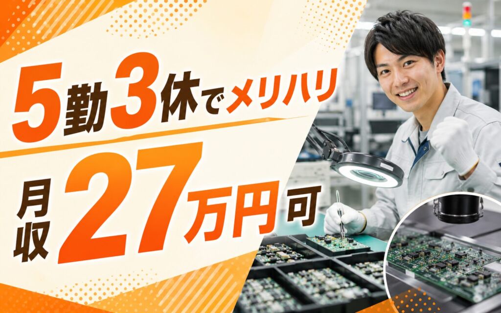 寮費無料×個室寮×5勤3休でメリハリ！電子部品の検査・製造／時給1300円・月収27万円可・千歳