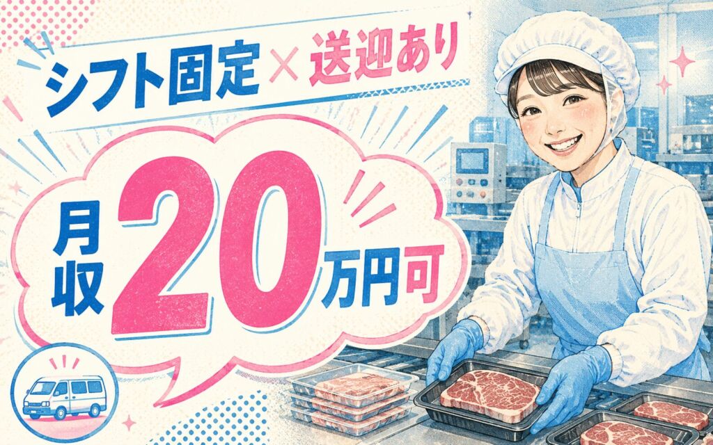 シフト固定選択可×送迎利用可！ステーキの加工製造／時給1200円・月収20.4万円可・石狩