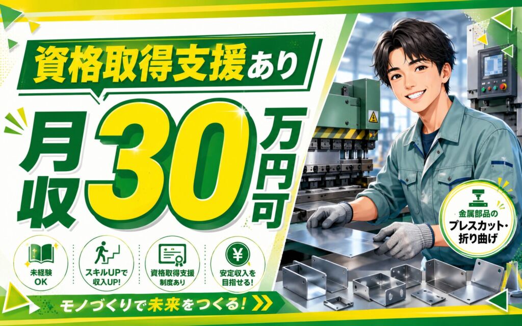 時給1500円×日勤土日祝×年休111日！金属部品のプレスカット・折り曲げ／月収30万円可・玉掛資格取得支援