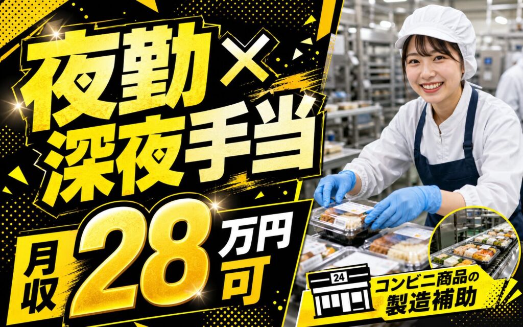 夜勤専属×深夜手当でガッツリ！コンビニ商品の製造補助／時給1300円・月収28万円可・札幌琴似