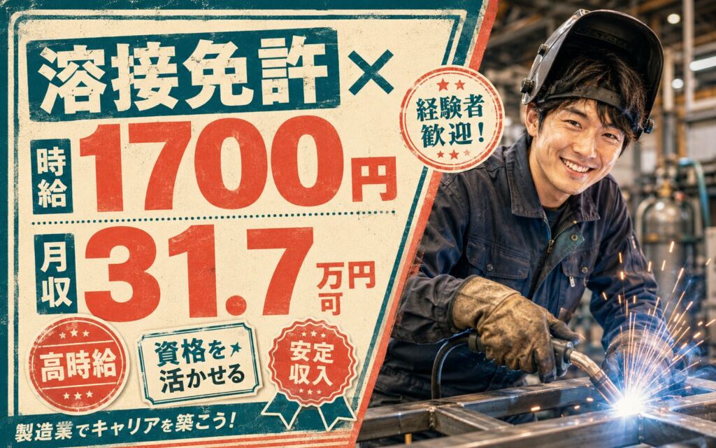 溶接免許必須×時給1700円×日勤！機械メーカーで溶接作業／月収31.7万円可・有料個室寮・北広島