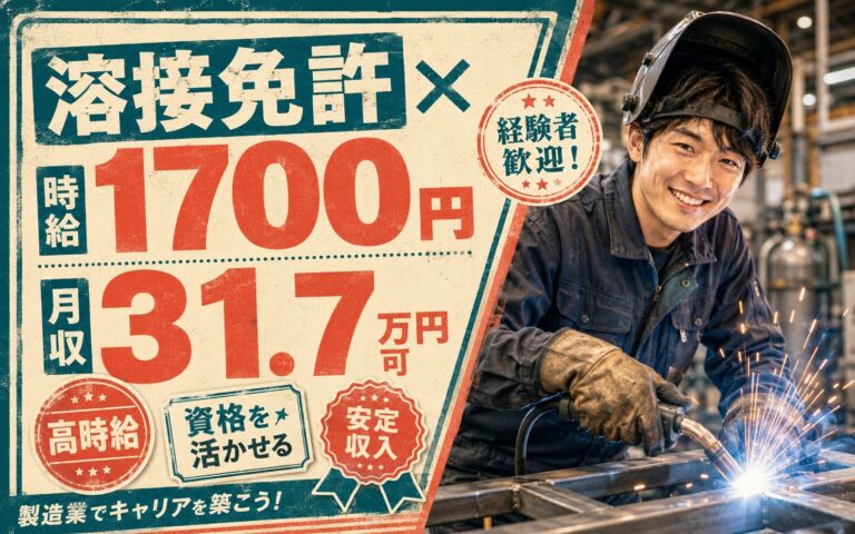 溶接免許必須×時給1700円×日勤！機械メーカーで溶接作業／月収31.7万円可・有料個室寮・北広島
