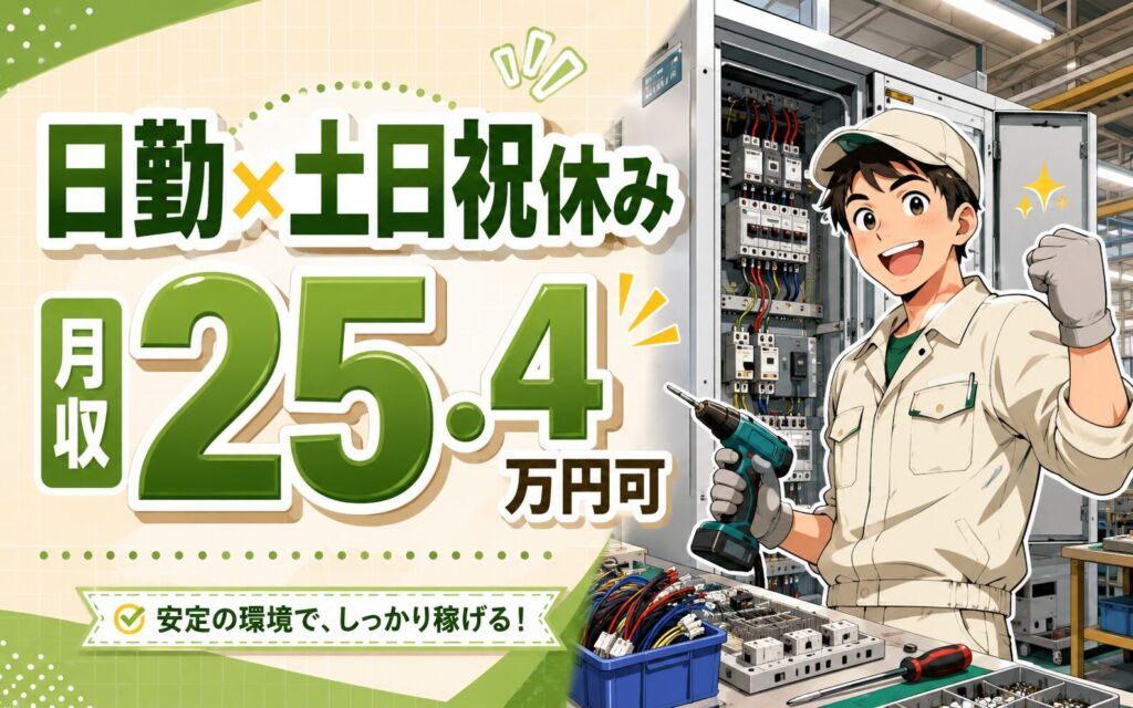 時給1300円×日勤土日祝休み！大型配電盤キュービクルの製造補助／月収25.4万円可・北広島