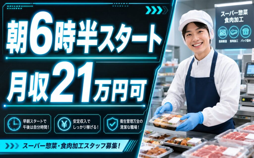 朝6時半スタート×地下鉄北24条駅！スーパー惣菜・食肉加工／時給1141円・月収21万円可・札幌東区