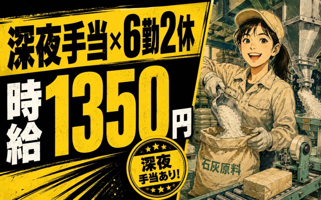 深夜手当しっかり×6勤2休でガッツリ稼ぐ！石灰原料の投入・梱包／時給1350円・北海道訓子府町
