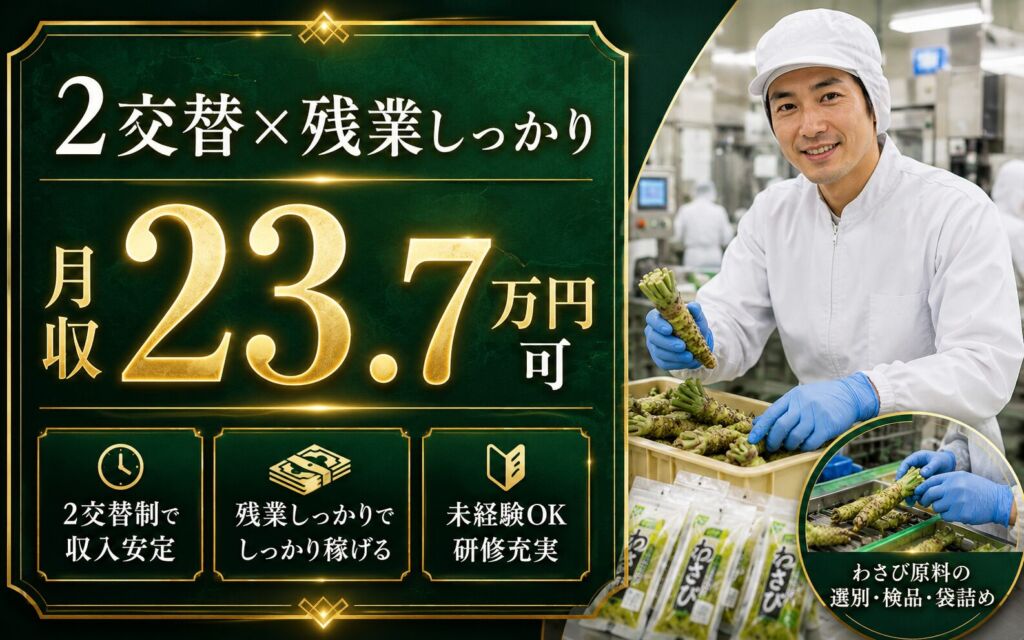 2交替×残業しっかり月収23.7万円可！わさび原料の選別・検品・袋詰め／時給1200円・網走