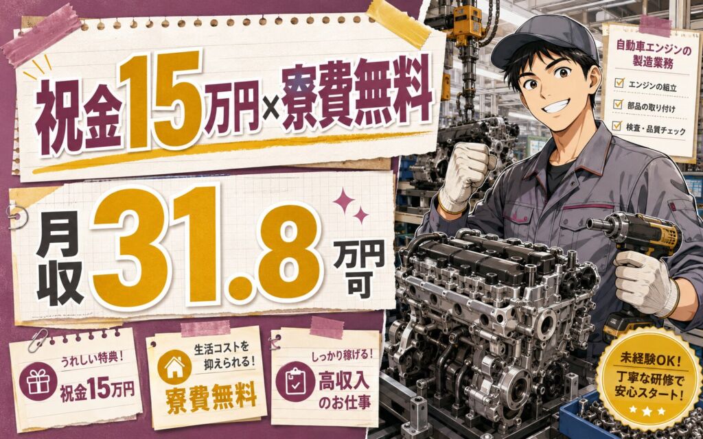 無期雇用×個室寮無料×祝金15万円！自動車エンジンの製造業務／月収31.8万円可・苫小牧