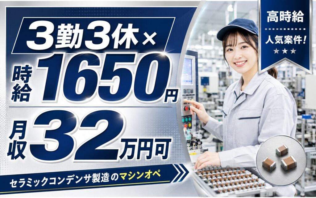 3勤3休×時給1650円でしっかり稼ぐ！セラミックコンデンサ製造のマシンオペ／月収32万円可・秋田