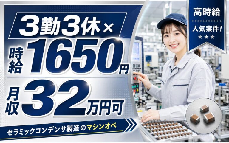 3勤3休×時給1650円でしっかり稼ぐ！セラミックコンデンサ製造のマシンオペ／月収32万円可・秋田