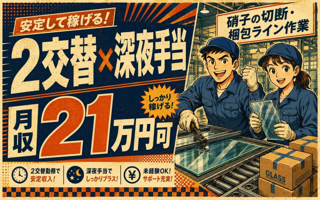 2交替×深夜手当しっかり！硝子の切断・梱包ライン作業／時給1150円・月収21万円可・岩手花巻