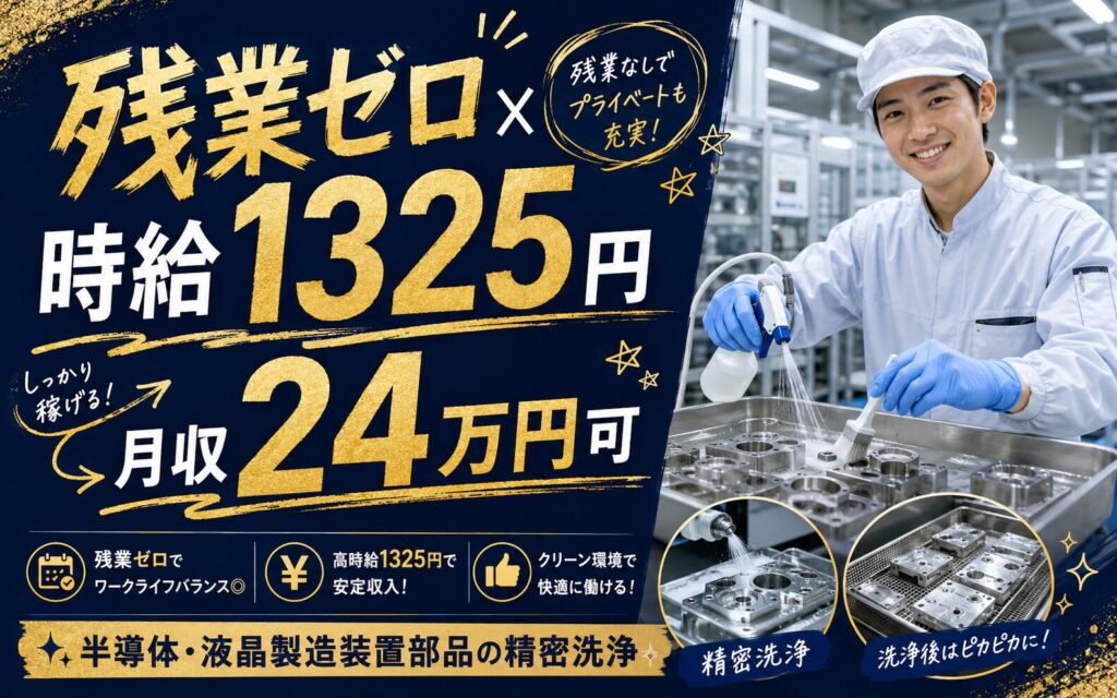 日勤×時給1325円×残業ゼロ！半導体・液晶製造装置部品の精密洗浄／月収24万円可・岩手北上