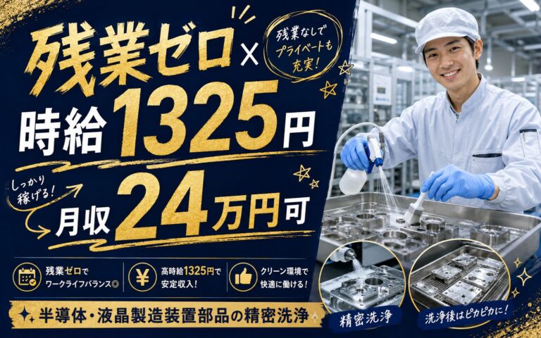 日勤×時給1325円×残業ゼロ！半導体・液晶製造装置部品の精密洗浄／月収24万円可・岩手北上