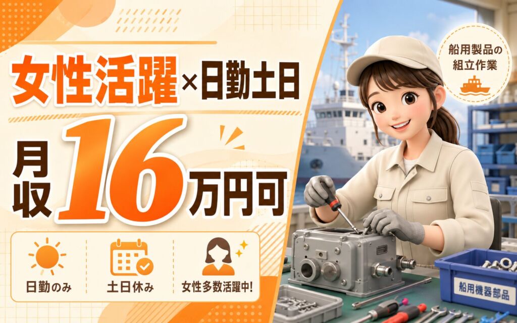 日勤土日休み×女性活躍中！船用製品の組立作業／時給1033円・月収16万円可・岩手盛岡