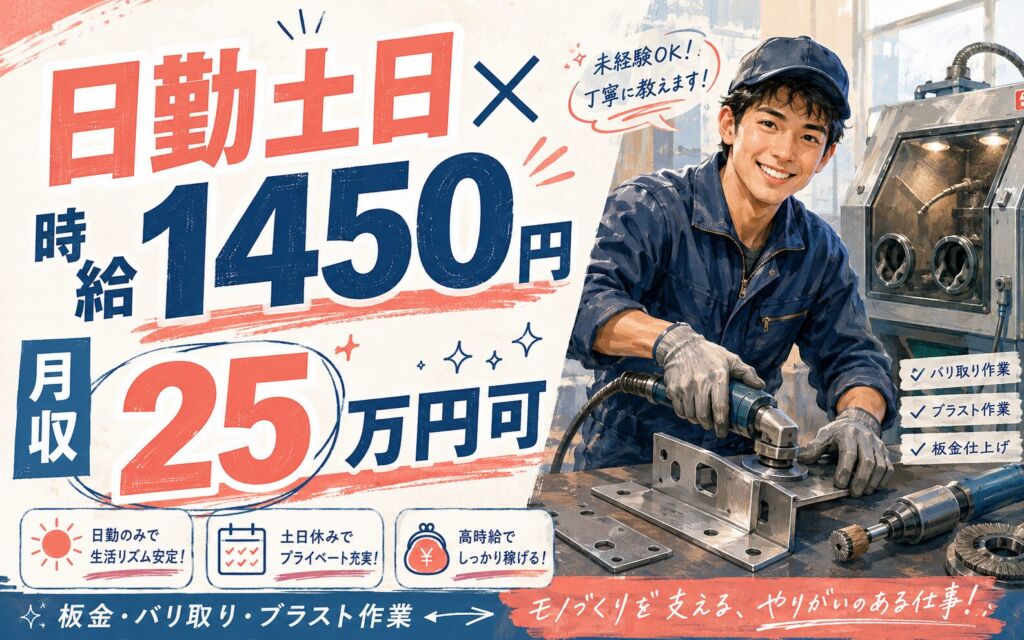 日勤土日祝×時給1450円！板金・バリ取り・ブラスト作業／月収25万円可・岩手奥州・男女活躍