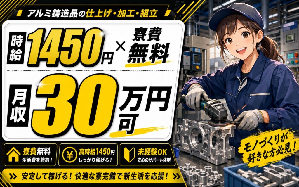 個室寮無料×時給1450円×2交替！アルミ鋳造品の仕上げ・加工・組立／月収30万円可・岩手北上