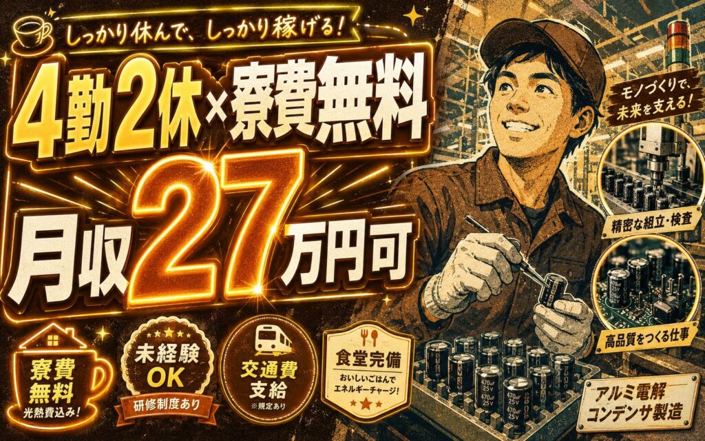 個室寮無料×時給1350円×2交替4勤2休！アルミ電解コンデンサの製造／月収27万円可・岩手紫波町