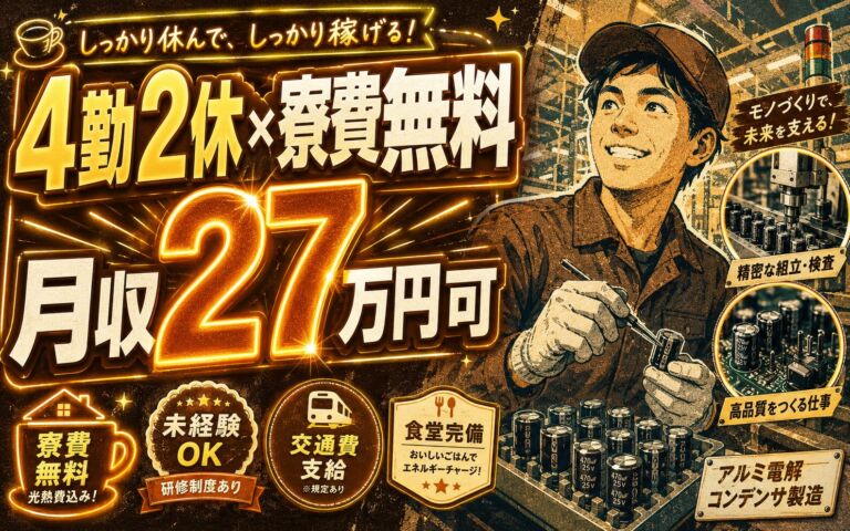 個室寮無料×時給1350円×2交替4勤2休！アルミ電解コンデンサの製造／月収27万円可・岩手紫波町