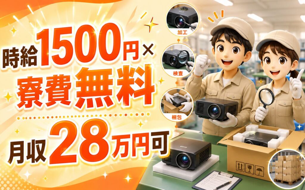 個室寮無料×時給1500円！プロジェクター製品の加工・検査・梱包／月収28万円可・宮城登米