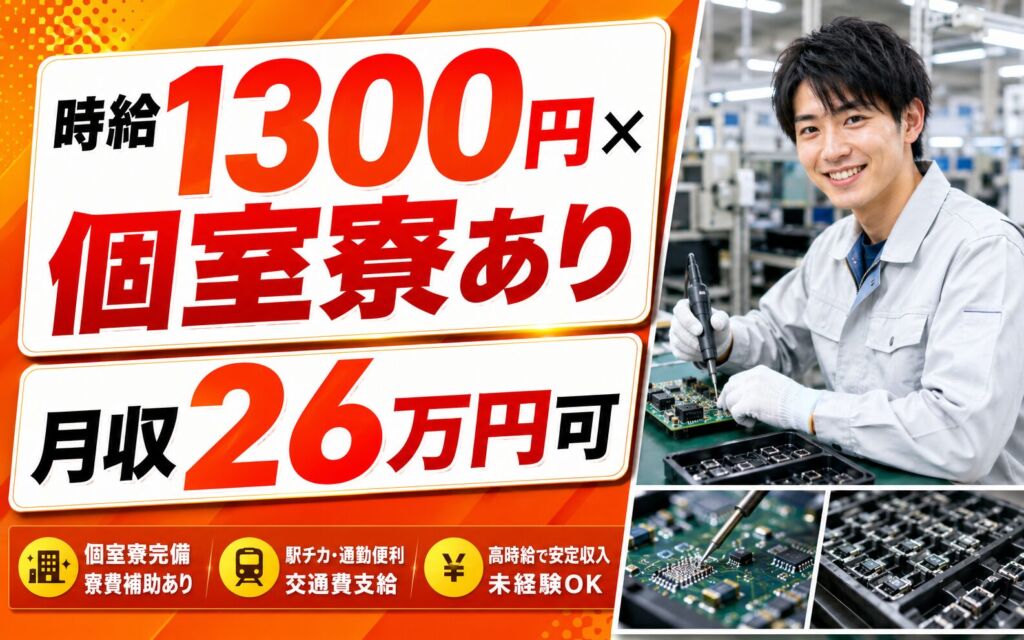個室寮あり×時給1300円×シフト制！電子部品の組立・加工・検査／月収26万円可・宮城白石・男性活躍