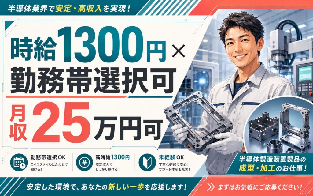 個室寮あり×時給1300円×勤務帯選択可！半導体製造装置製品の成型・加工／月収25万円可・宮城仙台
