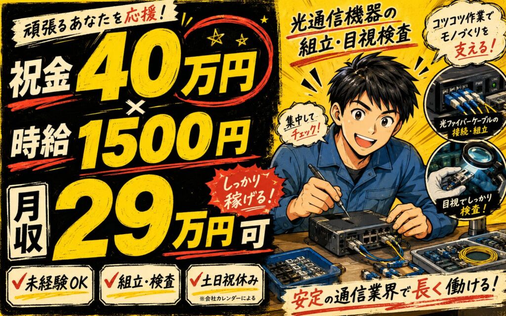 祝金40万円×個室寮無料×時給1500円！光通信機器の組立・目視検査／月収29万円可・宮城大和町