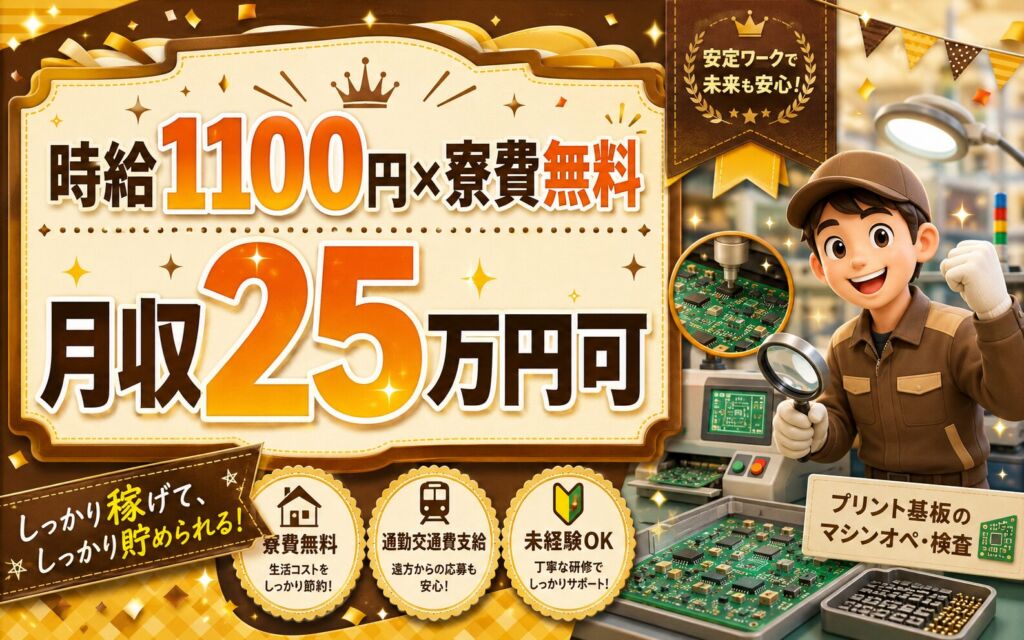 個室寮無料×時給1100円×2交替！プリント基板のマシンオペ・検査／月収25万円可・山形鶴岡・男女活躍