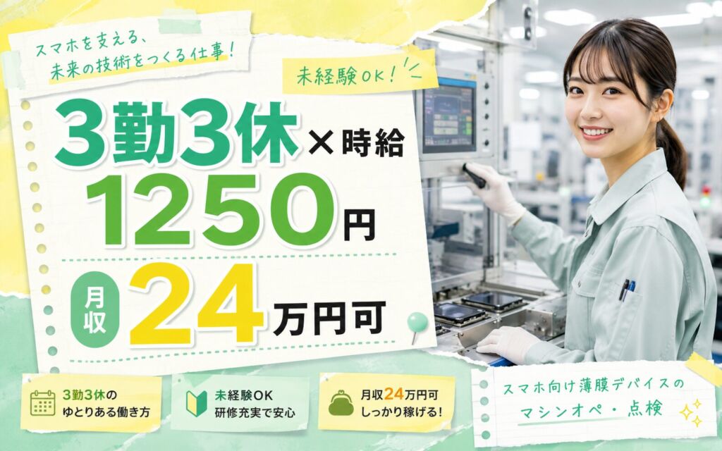 3勤3休×時給1250円！スマホ向け薄膜デバイスのマシンオペ・点検／月収24万円可・山形酒田・男女活躍