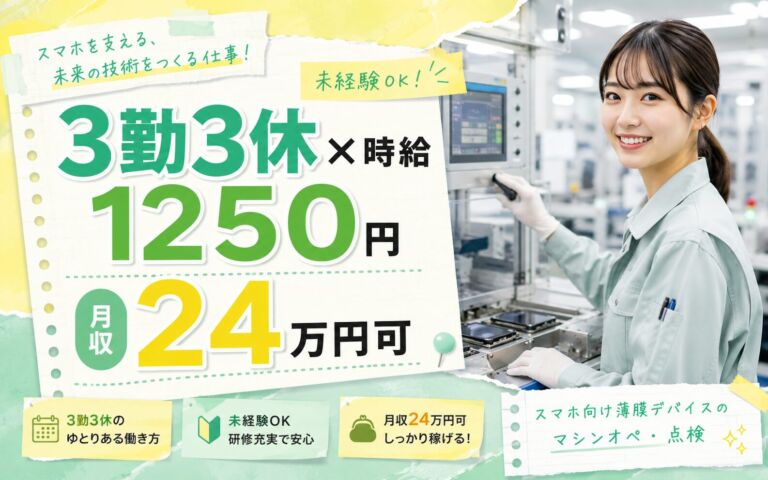 3勤3休×時給1250円！スマホ向け薄膜デバイスのマシンオペ・点検／月収24万円可・山形酒田・男女活躍