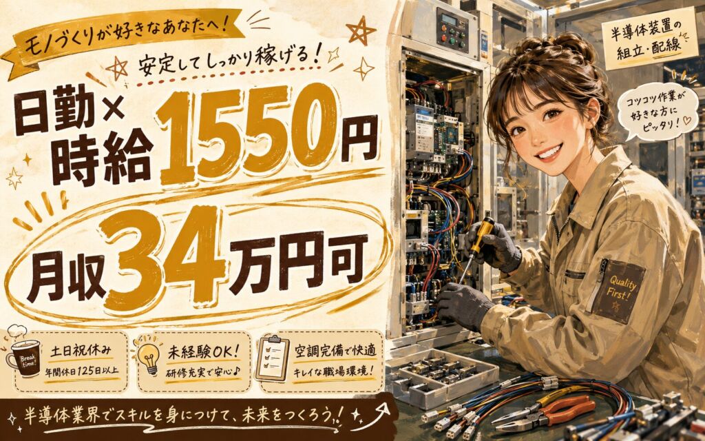 個室寮無料×送迎あり×時給1550円！半導体装置の組立・配線／月収34万円可・山形新庄・日勤5勤2休