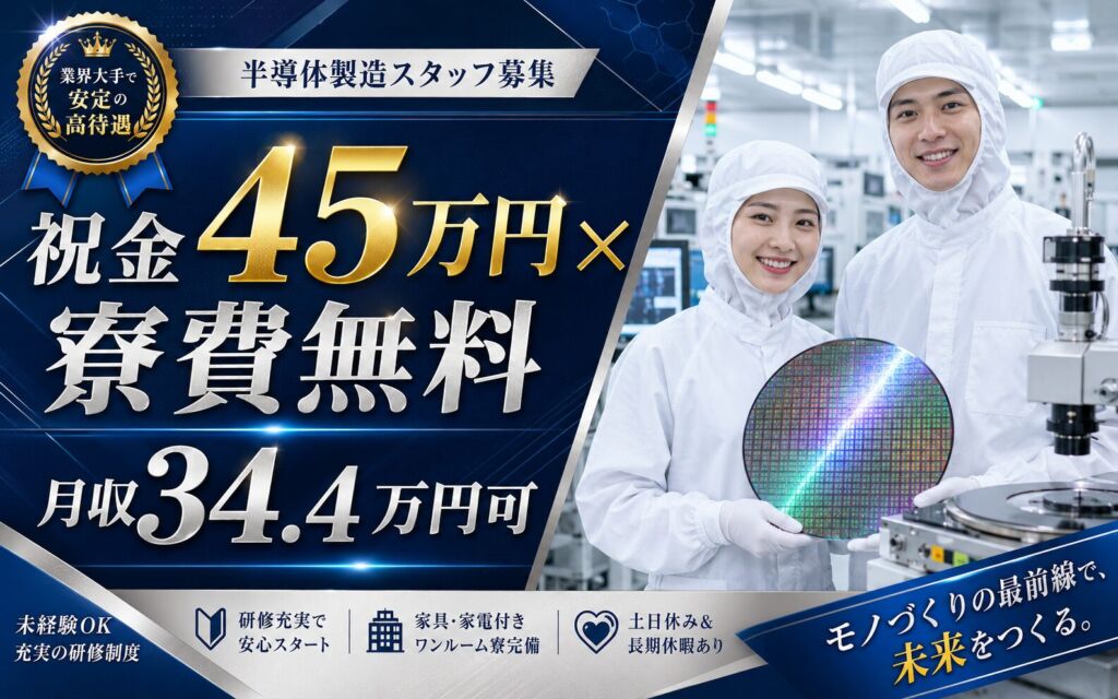 祝金45万円×個室寮無料×時給1500円！半導体製造（クリーンルーム）／月収34.4万円可・石川能美