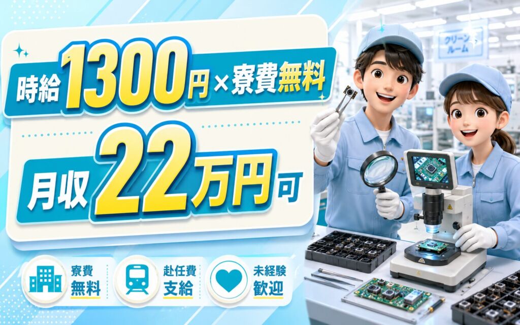 個室寮無料×時給1300円×2交替土日休み！スマホ関連部品のマシンオペ・検査／月収22万円可・福島いわき
