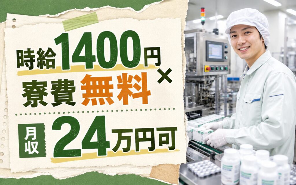 個室寮無料×時給1400円×2交替！医薬品の製造・包装作業／月収24万円可・福島白河・経験者歓迎