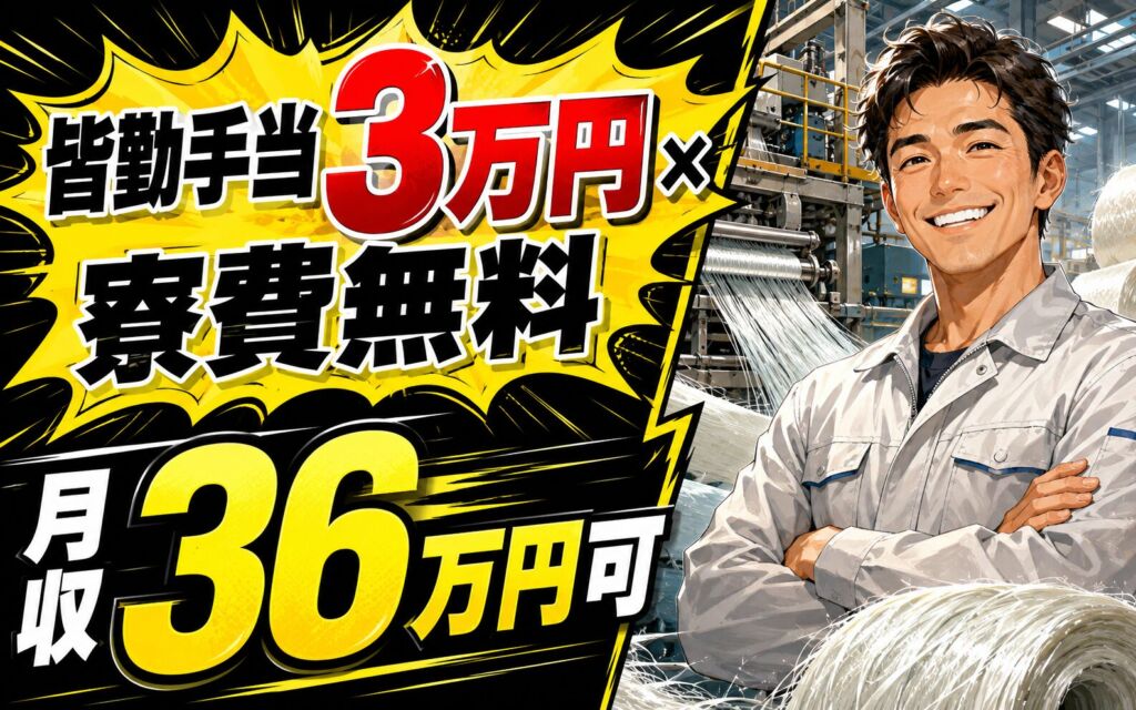 個室寮無料×皆勤手当3万円×時給1625円！グラスファイバーのマシンオペ／月収36万円可・福島市