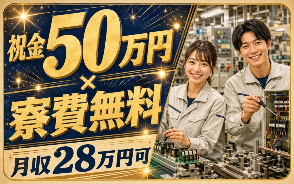 祝金50万円×個室寮無料×時給1600円！自動制御機器の製造・組立／月収28万円可・福島矢祭町・100名募集