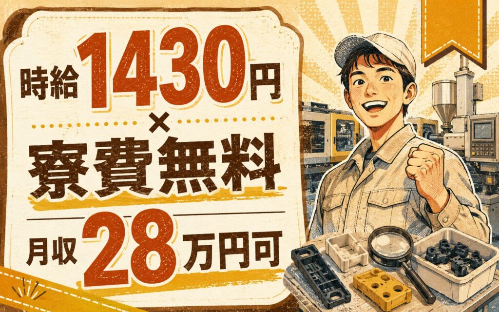 個室寮無料×時給1430円×3交替！樹脂製品の成型・加工・検査・洗浄／月収28万円可・福島新地町