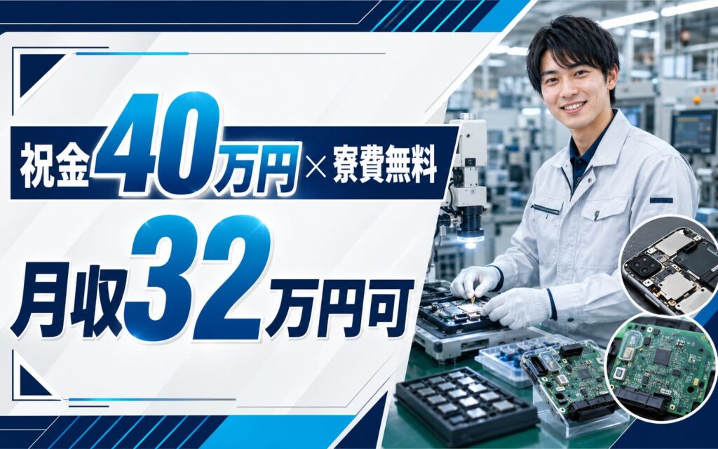 祝金40万円×個室寮無料×時給1350円！スマホ・車載電子部品の製造／月収32万円可・福島伊達