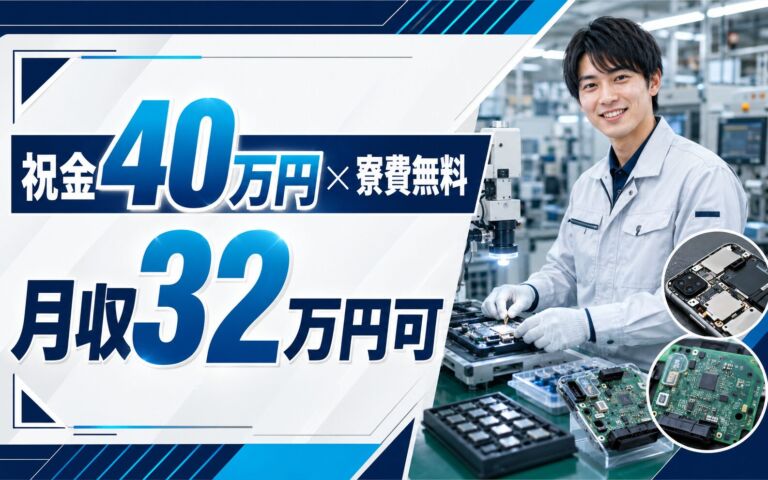 祝金40万円×個室寮無料×時給1350円！スマホ・車載電子部品の製造／月収32万円可・福島伊達