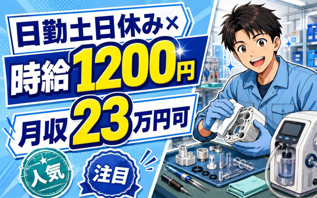 個室寮あり×時給1200円×日勤土日休み！医療機器の組立・クリーニング／月収23万円可・福島西郷村