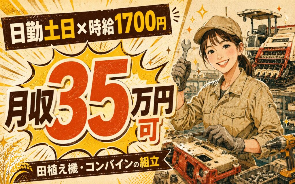 個室寮無料×時給1700円×日勤土日休み！田植え機・コンバインの組立／月収35万円可・栃木宇都宮