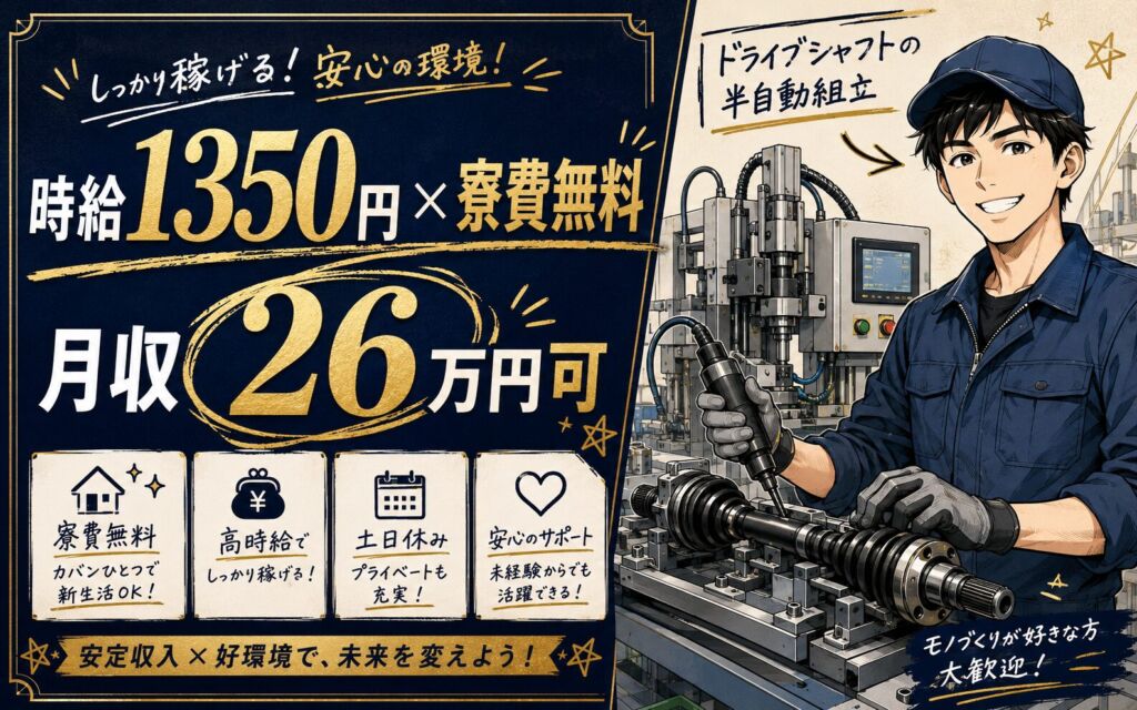 個室寮無料×時給1350円×2交替！ドライブシャフト半自動組立／月収26万円可・栃木栃木市・男性活躍